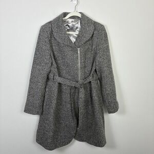 Motherhood Maternity Wool Blend Belted Coat Women's Large Herringbone Zip Front
